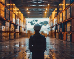 Poster - Silhouette of Logistics Manager Overseeing Shipping Warehouse for Global Trade and Commerce