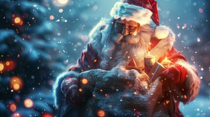 Joyful Santa Claus Carrying a Sack of Gifts in Glowing Light - Photorealistic Christmas Scene with High Contrast at Eye Level