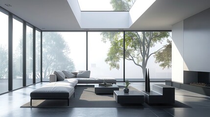 Wall Mural - modern minimalist living room with sleek furniture, a monochromatic color scheme, and large windows allowing natural light to flood the space