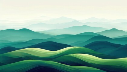 abstract green landscape with rolling hills and mountains stylized nature wallpaper digital illustration