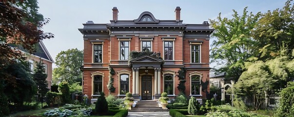 Sticker - georgian townhouse surrounded by lush green trees and a blue sky, featuring glass windows and a brick chimney