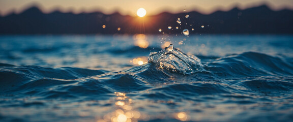 An amazing closeup view of ocean water waves, panorama sunset horizon over the sea, blue water, water splashing