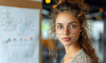 Poster - Young Woman Presenting New Project to Colleagues in Casual Team Meeting with Whiteboard, Business Strategy Concept