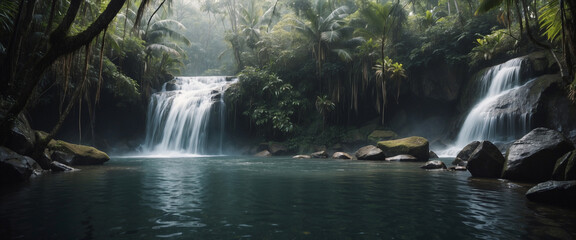 waterfall in the forest, a beautiful cascade in tropical forest, water falling from mountain to a sm