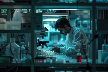 Poster - Scientist is intensely focused, analyzing samples with a microscope in a lab filled with advanced equipment AIG58