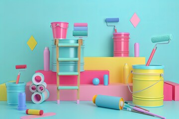 Poster - A vibrant 3D illustration showcasing a colorful array of painting supplies, including rollers, brushes, paint buckets, and a folding ladder, set against a light blue background. Generative AI