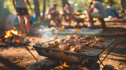 campers using a portable grill to cook dinne