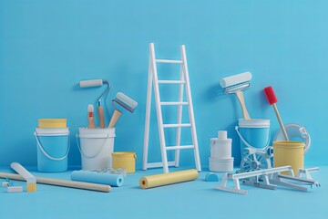 A 3D rendering of professional painting supplies and tools, including rollers, brushes, paint buckets, and a folding ladder, all set against a light blue background. Generative AI