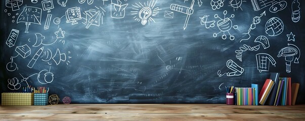 Poster - Chalkboard with Hand Drawn Sketches for Educational Tools or Creative Products Backdrop for Product Presentation Concept