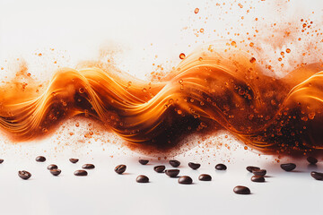 Poster - A wave of coffee with a bunch of coffee beans on the ground. Concept of movement and energy