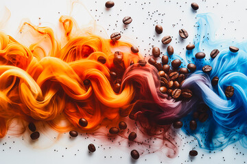 Poster - A colorful swirl of smoke and coffee beans. The smoke is orange and blue, while the coffee beans are scattered throughout the image. Scene is one of creativity and artistic expression, as the smoke