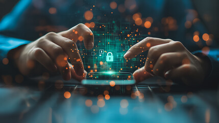 Poster - A person is touching a mobile with a green lock symbol on the screen. Concept of security and protection