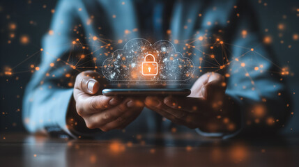 Poster - A person is holding a cell phone with a security lock on it