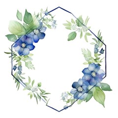 Wall Mural - Watercolor floral geometric shape frame with blue flowers and green leaves on white background. Wedding invitation and springtime concept. Design for greeting card, and botanical print. AIG35.