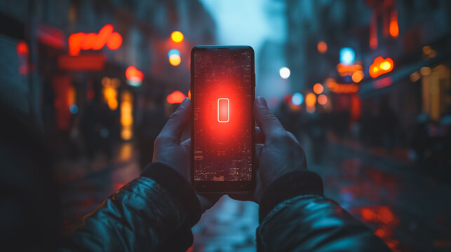 A person holding a cell phone with a red battery icon on the screen. The image has a moody, urban feel with a rainy atmosphere
