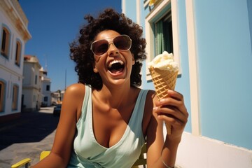 Wall Mural - Brazilian woman laughing glasses sunny.