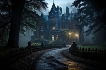 Wall Mural - Spooky old gothic castle architecture building outdoors.