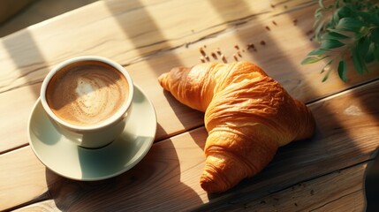 Wall Mural - Morning Delight: Fresh Coffee and Croissant on Wooden Table