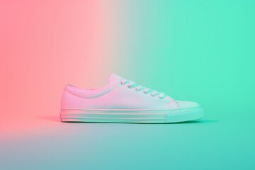 Wall Mural - ultrarealistic photograph of a sneakers on a pastel pink surface, against a pastel green background. The pink and green colors reflects on a sneakers surface.