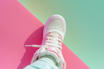 Wall Mural - ultrarealistic photograph of a sneakers on a pastel pink surface, against a pastel green background. The pink and green colors reflects on a sneakers surface.