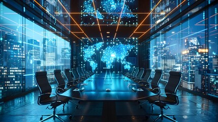 Poster - high tech global virtual conference room setup for business networking and digital communication