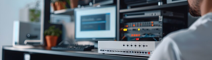 Poster - network engineer configuring corporate router setup for digital communication and technology in busi