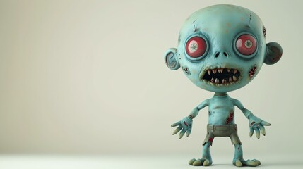 3D rendering of a cute cartoon zombie. The zombie is standing with its arms outstretched, ready to attack.