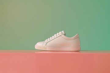 Wall Mural - ultrarealistic photograph of a sneakers on a pastel pink surface, against a pastel green background. The pink and green colors reflects on a sneakers surface.