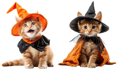 The happy kitten waring Halloween costume isolated on the white background