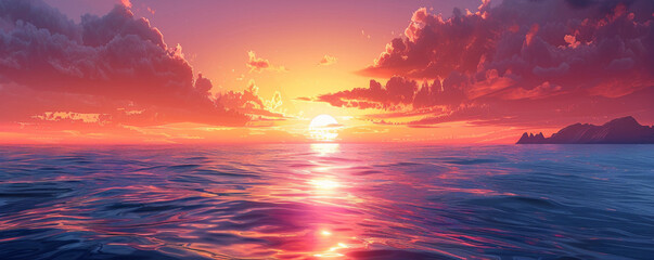 A tranquil sunset over a calm ocean, the sky ablaze with hues of orange, pink, and purple.