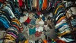 © Zainab - Second hand clothes, used wardrobe. Circular fashion, fast fashion, eco - friendly sustainable shopping, clothing recycling, top view, eco friendly, retail, no waste