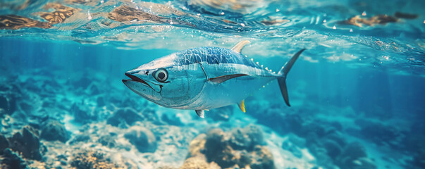 Blue fin tuna fish swimming in clear ocean water.