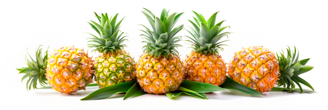 Close-up of ripe pineapples on a tree branch. Vibrant citrus fruits and green leaves convey freshness and healthy living