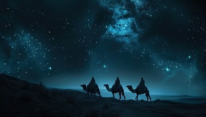 Wall Mural - Three wise men riding camels in the desert at sunset, enjoying the landscape