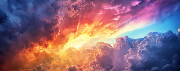 Poster - A vibrant rainbow stretching across a stormy sky, with dark clouds parting to reveal rays of sunlight.