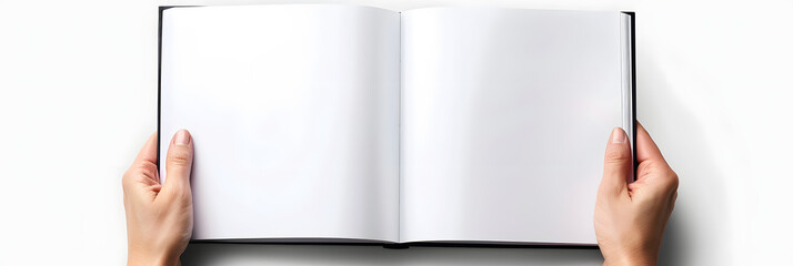 Poster - A5 open book mockup held by hands showcasing a blank page for design isolated on a white background providing copy space image