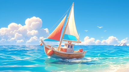 Wall Mural - 3D model of a cute wooden boat with a small sail drifting on a sunny sea