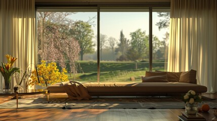 Wall Mural - Background image of modern living room with large windows with nature, sofa and a garden view. Contemporary interior design and nature concept. Design for poster, wallpaper, greeting card. AIGT2.