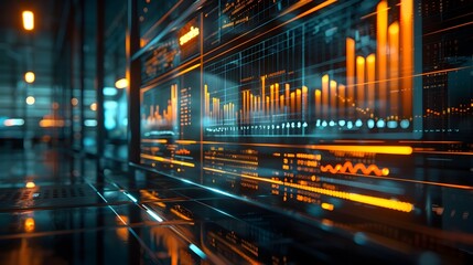 Poster - Business Analytics Dashboard Projected on Strategy Room Wall with Technology Networking and Digital Communication
