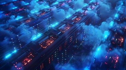 Poster - Aerial View of Vast Cloud Data Center with Rows of Servers Illuminated by Blue Lights Cloud Computing Concept with Copy Space