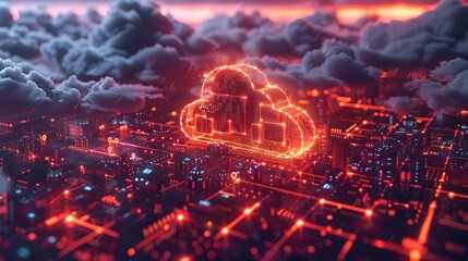 Poster - dynamic cityscape of a futuristic cloud computing and transformation