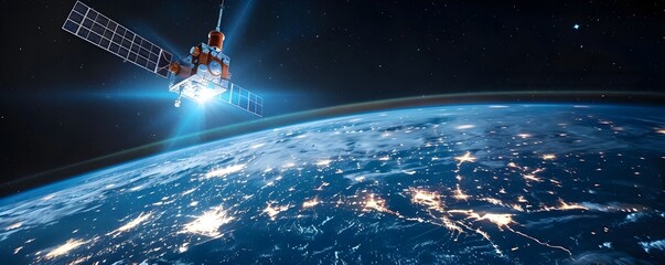 Poster - Satellite Sending Data to Cloud Server Illustrating Global Connectivity and Digital Technology