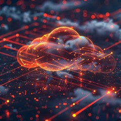 Poster - holographic display of cloud computing network showing active nodes and data paths futuristic techno