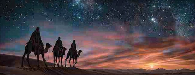 Wall Mural - Three wise men ride camels in the desert during sunset