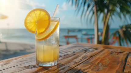 yellow cocktail with ice and a slice of orange on a wooden table against a beach background