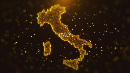 Wall Mural - Digital Space Golden Yellow Shiny Blurry Focus Wavy Glitter Sparkle Dust Particles of Italy Map with Text and Light Flare