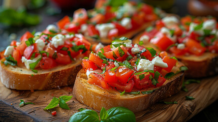 Wall Mural - bruschetta on a wooden plate with tomato cubes, feta cheese and basil as topping spice arround and olive oil	
