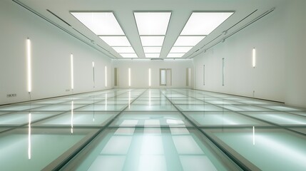  A light room with a floor made of translucent glass, underlit with soft LED lights