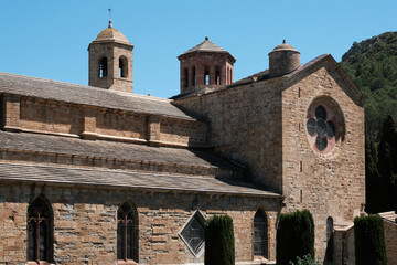 View of the church of Fontfroide Abbey on sunny day. Narbonne, France.