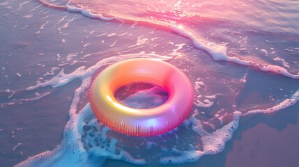 Colorful inflatable ring floating on gentle waves at sunset on the beach, creating a serene and dreamy summer vibe.